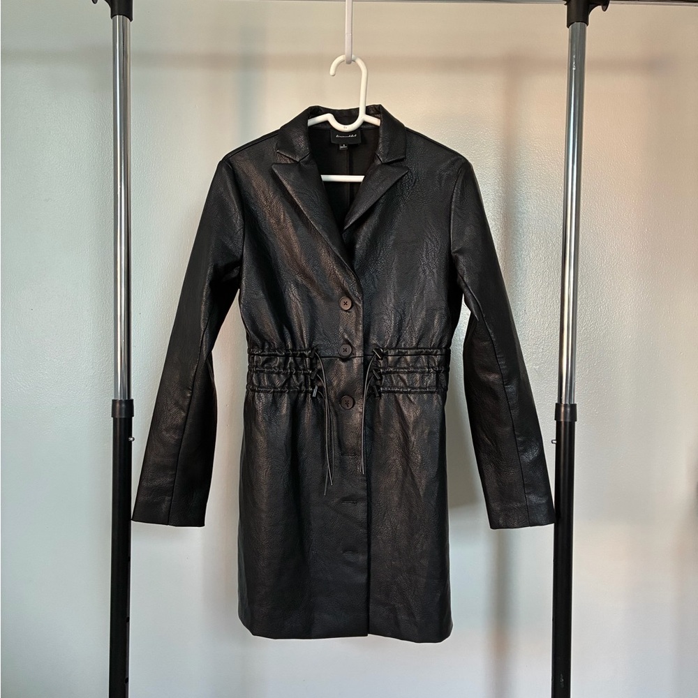 Black Faux Leather Drawstring Waist Coat - Women Jackets & Coats